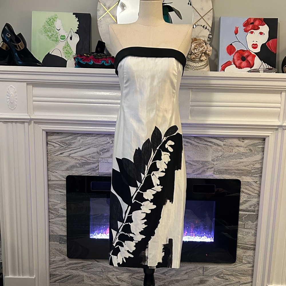 Theia Strapless Black and White Dress